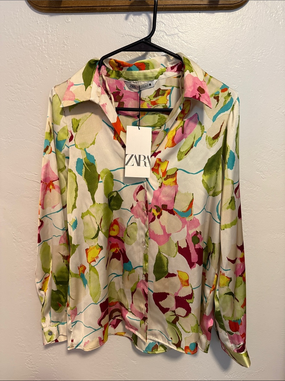 Zara Cream Floral Watercolor Button-Down Blouse